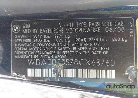 2008 BMW 650I из США, поврежденный, VIN WBAEB53578CX63760